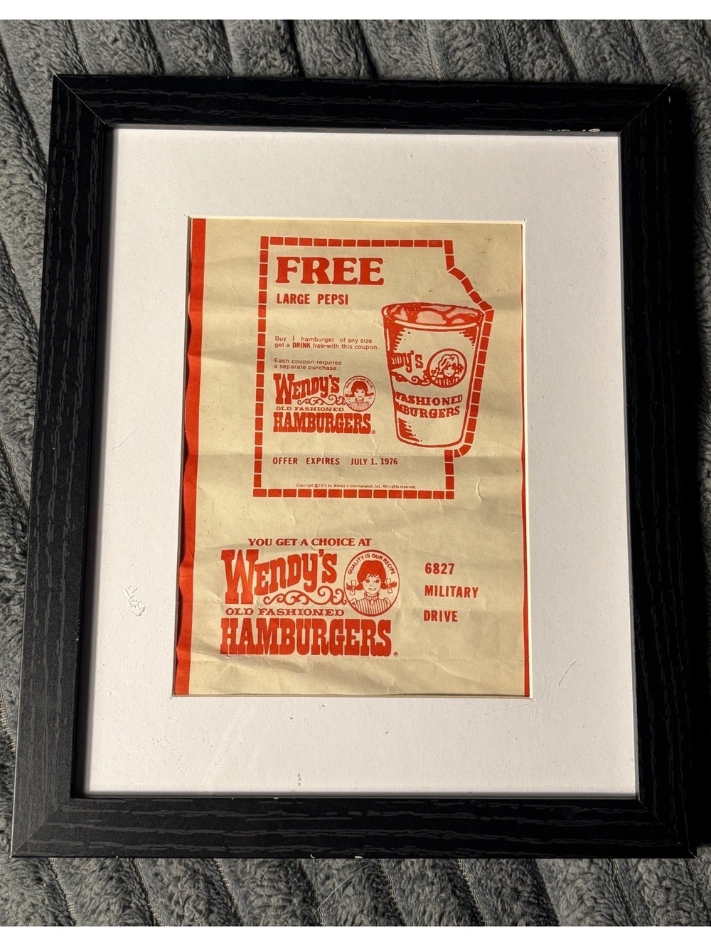 Vintage Wendy's Old Fashioned Hamburgers Free Large Pepsi Fr